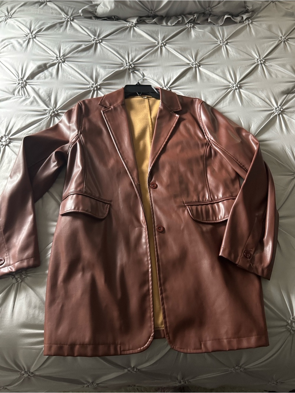 Women’s Brown Faux Leather Long Blazer Jacket